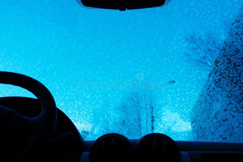 Car Windshield in Ice Crystals. View from the Salon Stock Photo Image