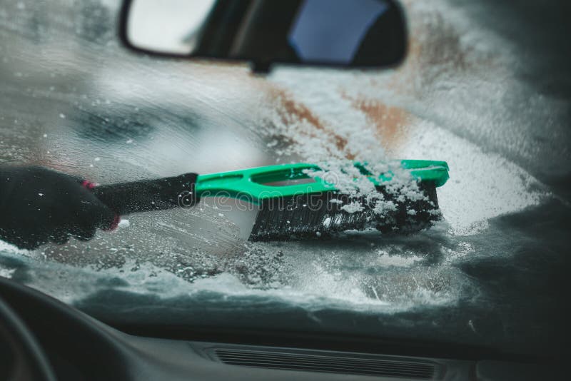 Car Windshield Icy. Brush Snow Off the Vehicle Stock Image Image of