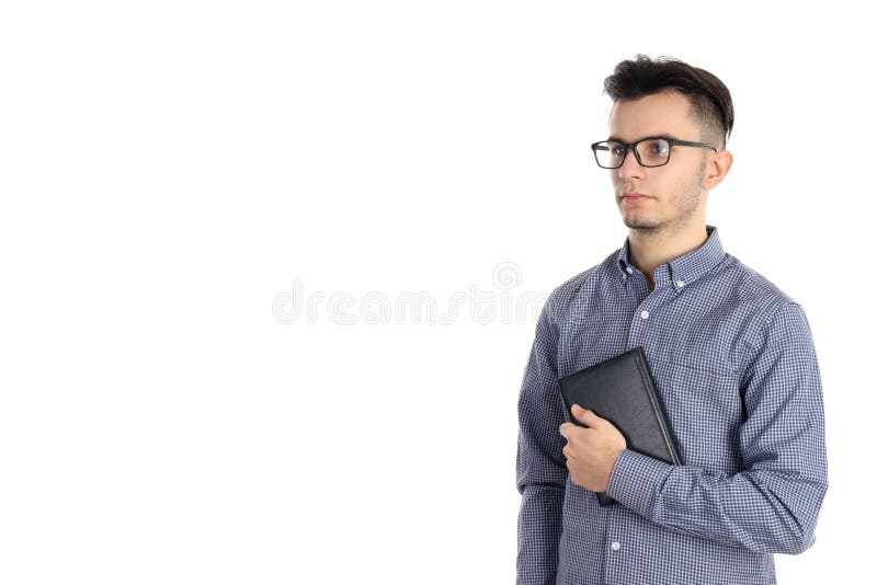 Cara atraente na camisa isolada em fundo branco imagens de stock royalty free