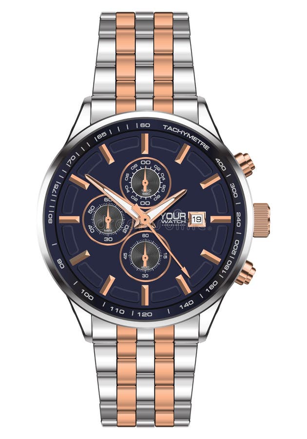 Cara azul de acero cobreado inoxidable del reloj del cronógrafo realista del reloj para los hombres en el vector blanco del fondo ilustración del vector Cara azul de acero cobreado inoxidable del reloj del cronógrafo realista del reloj para los hombres en el vector blanco del fondo ilustración del vector
