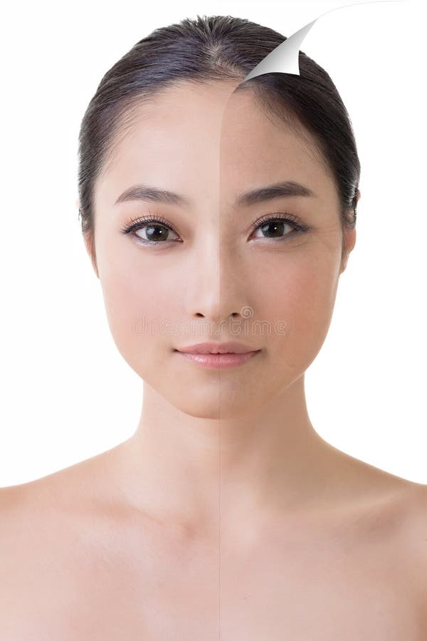 A cara da mulher asiática bonita antes e depois de retoca fotos de stock royalty free A cara da mulher asiática bonita antes e depois de retoca fotos de stock royalty free