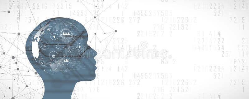 Cara da mulher da inteligência artificial com o conection social da rede Todo o mundo em seu cérebro ilustração do vetor Cara da mulher da inteligência artificial com o conection social da rede Todo o mundo em seu cérebro ilustração do vetor