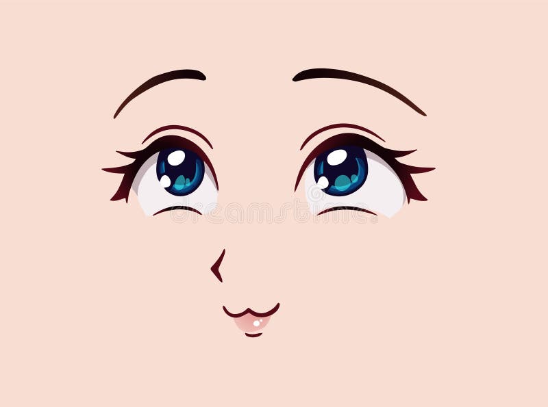 Cara De Anime Triste. Grandes Ojos Azules Estilo Manga, Naricita Y Boca  Kawaii. Ilustración De Dibujos Animados De Vector Dibujado A Mano.  Ilustraciones svg, vectoriales, clip art vectorizado libre de derechos.  Image