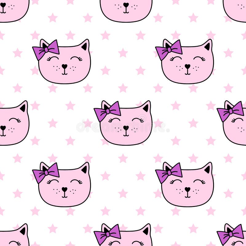 Cara do gato de Kawaii com um teste padrão sem emenda da curva Fundo do vetor de um retrato de um gato cor-de-rosa em Grey Star B ilustração stock Cara do gato de Kawaii com um teste padrão sem emenda da curva Fundo do vetor de um retrato de um gato cor-de-rosa em Grey Star B ilustração stock