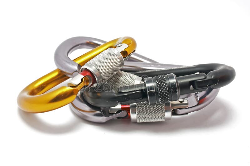 Carabiners for climbing, isolated on white background stock photo