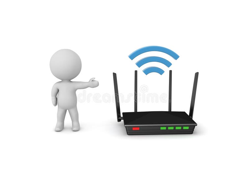 Caracter 3D care afișează un router cu semnal wifi stock illustration