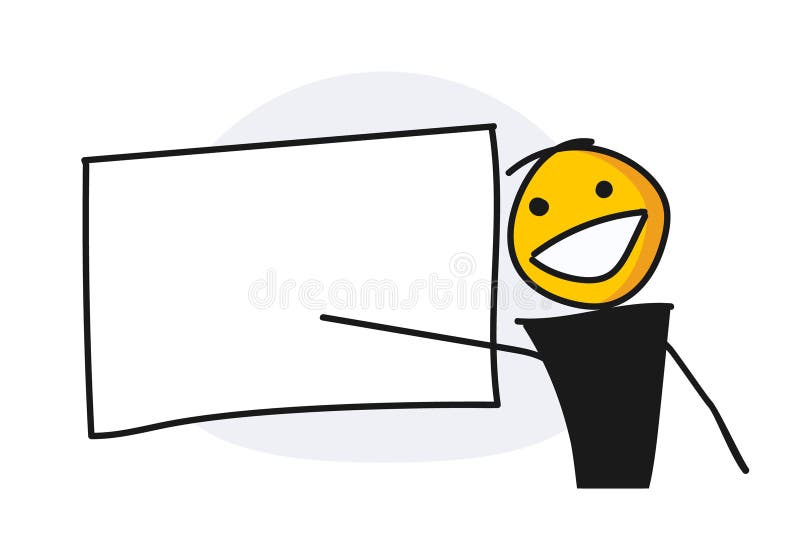 Caracter fericit zâmbind îndreptat spre o tablă albă goală. Șablon panou de prezentare ilustrații vectoriale royalty free illustration