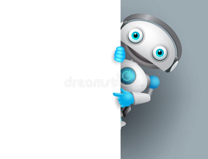 Caracter robot alb vector care deține o placă albă goală pentru prezentare royalty free illustration