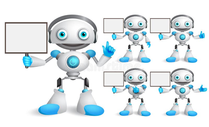 Caractere vectoriale robot alb setate să vorbească în timp ce se păstrează o pancartă goală stock illustration