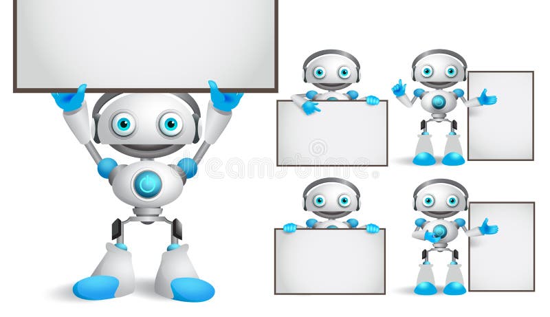 Caractere vectoriale robot alb setate în picioare și fără tablă albă goală stock illustration