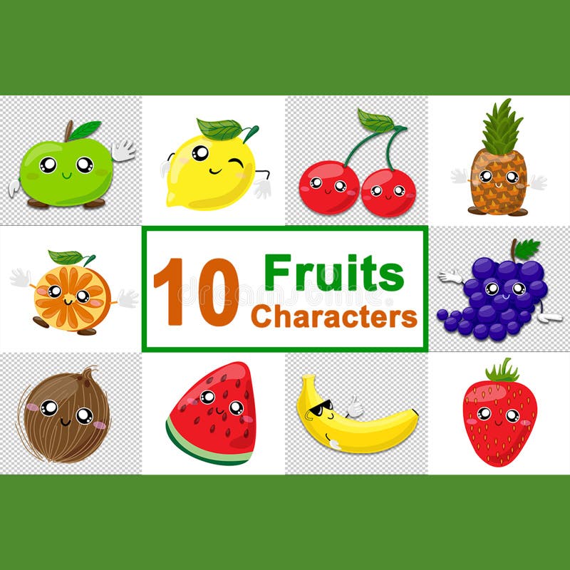 Caracteres De Fruta. Portada U Otro Diseño De Portada De Diez Personajes De  Frutas Para Niños. Fruta Coco De Limón De Manzana Stock de ilustración -  Ilustración de concepto, creativo: 176947753