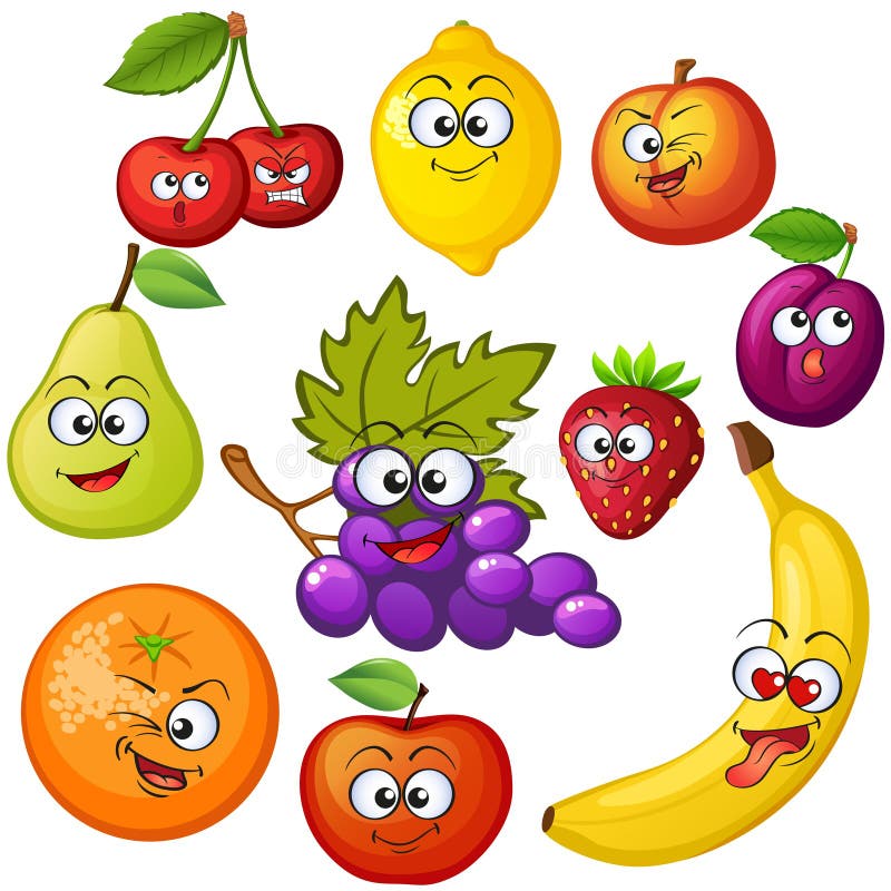Caracteres de la fruta de la historieta Emoticons de la fruta Uva, naranja, manzana, limón, fresa, melocotón, plátano, ciruelo, c stock de ilustración Caracteres de la fruta de la historieta Emoticons de la fruta Uva, naranja, manzana, limón, fresa, melocotón, plátano, ciruelo, c stock de ilustración