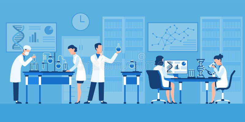 Caracteres de los cient?ficos. QuÃmicos en laboratorio farmacéutico, investigación con equipo médico. Ensayo clÃnico con micr libre illustration Caracteres de los cient?ficos. QuÃmicos en laboratorio farmacéutico, investigación con equipo médico. Ensayo clÃnico con micr libre illustration