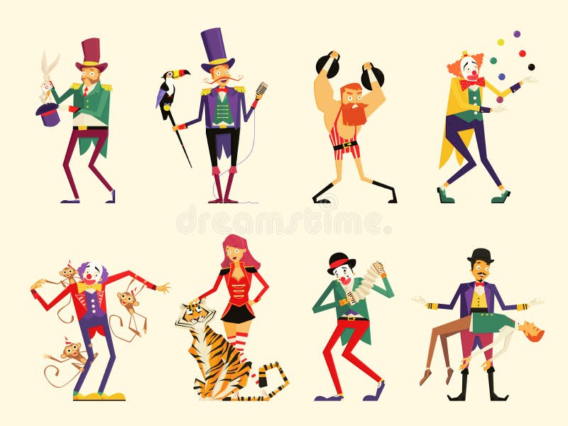 Caracteres del circo de la historieta ejecutantes de circo fijados stock de ilustración Caracteres del circo de la historieta ejecutantes de circo fijados stock de ilustración