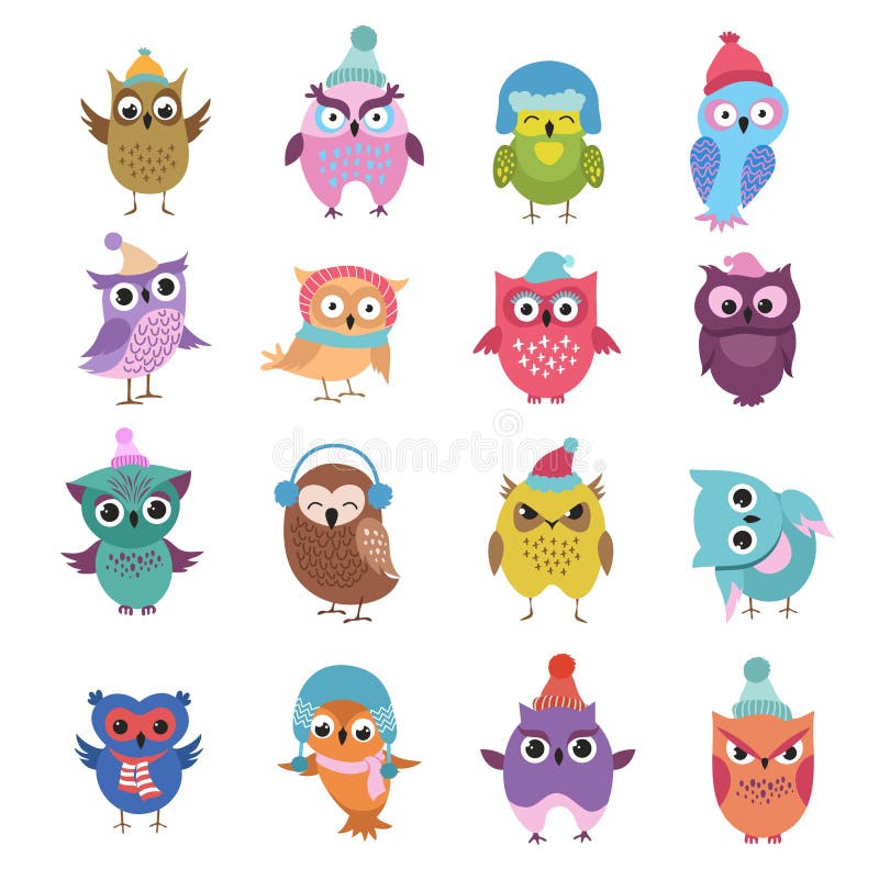 Caracteres divertidos del vector de la historieta de los pájaros de los búhos del invierno libre illustration Caracteres divertidos del vector de la historieta de los pájaros de los búhos del invierno libre illustration