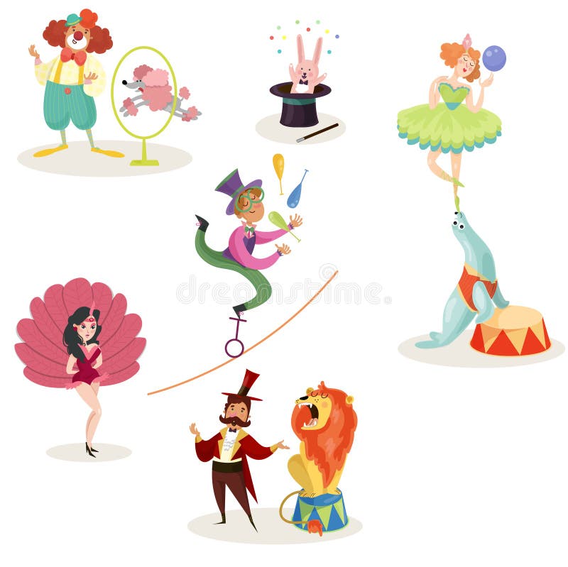 Caracteres en ejecutantes y animales de circo en diversas acciones Demostración del carnaval Sistema de los elementos decorativos stock de ilustración Caracteres en ejecutantes y animales de circo en diversas acciones Demostración del carnaval Sistema de los elementos decorativos stock de ilustración