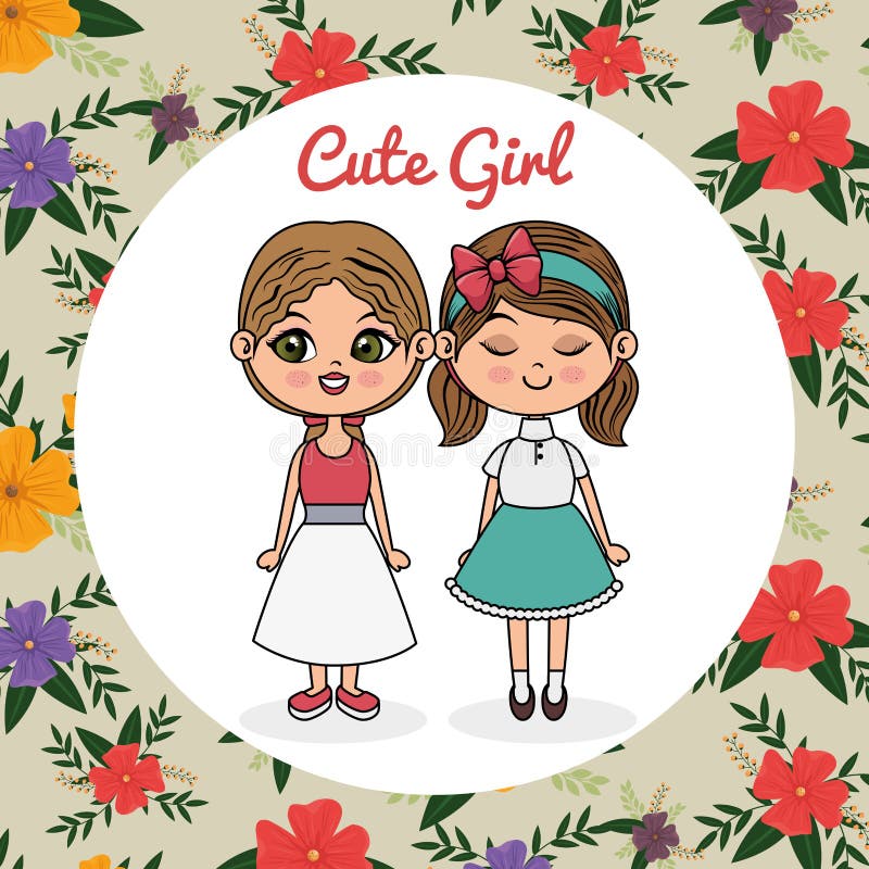 Caracteres lindos de los pares de las muchachas con el marco floral stock de ilustración