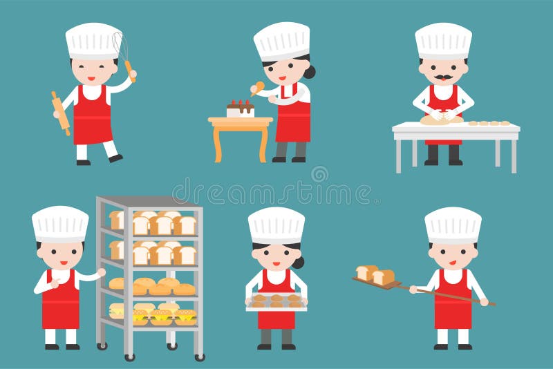 Caracteres lindos del chef de repostería fijados con pan y que cocinan las herramientas, la Florida ilustración del vector Caracteres lindos del chef de repostería fijados con pan y que cocinan las herramientas, la Florida ilustración del vector