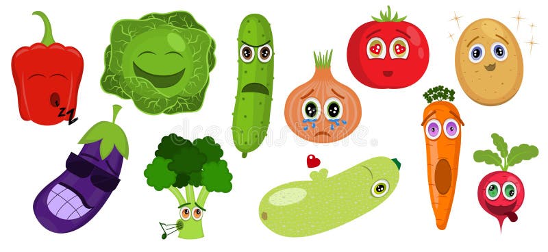 Caracteres vegetales de la historieta divertida Emoticons vegetales Pimienta, col, pepino, cebolla, tomate, patata, berenjena, br libre illustration Caracteres vegetales de la historieta divertida Emoticons vegetales Pimienta, col, pepino, cebolla, tomate, patata, berenjena, br libre illustration