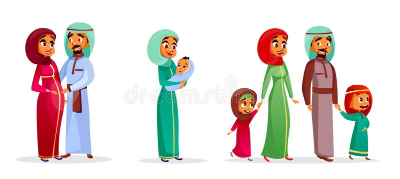 Caracteres árabes de la familia de la historieta del vector fijados stock de ilustración Caracteres árabes de la familia de la historieta del vector fijados stock de ilustración