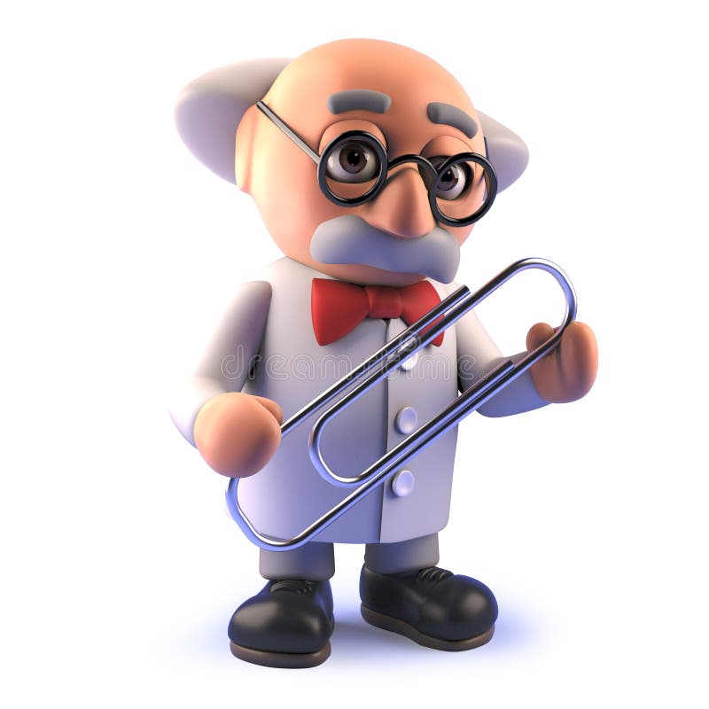 Caractère fou de scientifique tenant un trombone dans la bande dessinée 3d illustration libre de droits Caractère fou de scientifique tenant un trombone dans la bande dessinée 3d illustration libre de droits