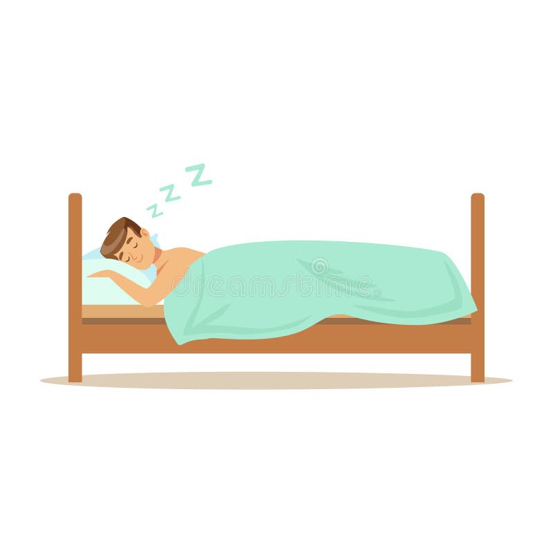 Caractère heureux d'homme dormant dans son lit, illustration de repos de vecteur de personnes illustration libre de droits Caractère heureux d'homme dormant dans son lit, illustration de repos de vecteur de personnes illustration libre de droits
