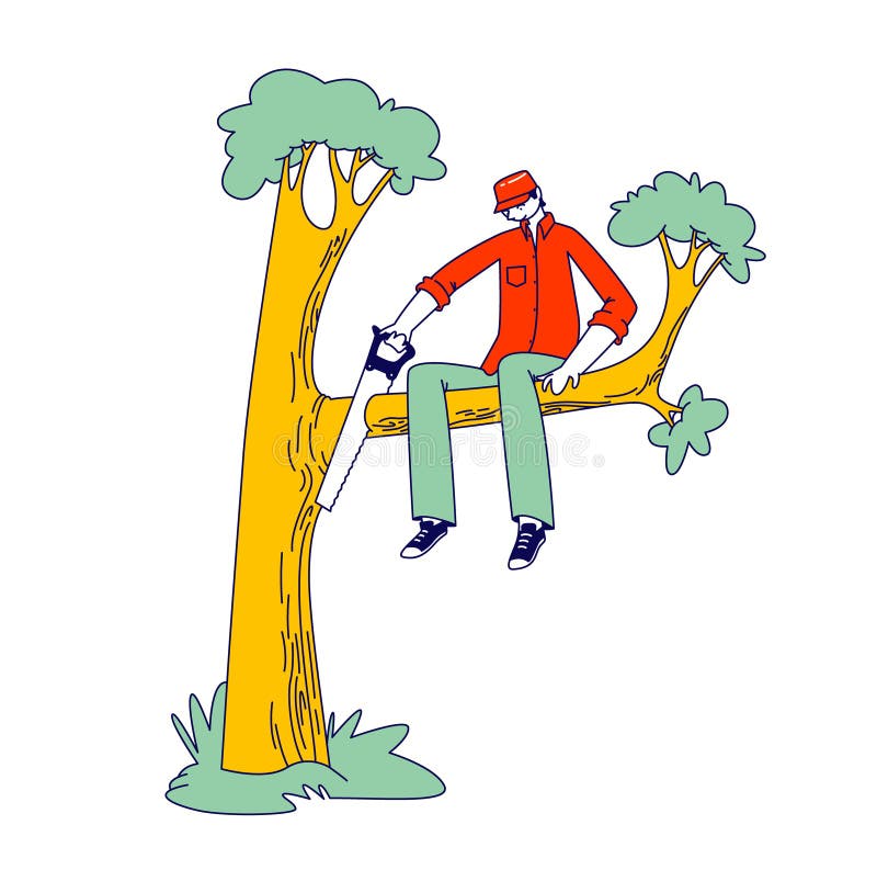 Stupid Male Character Sawing Off the Tree Branch He is Sitting on. Man Idiot or Fool Harm to himself, Making Great Mistake. Human Stupidity, Foolishness Concept. Linear Vector Illustration. Stupid Male Character Sawing Off the Tree Branch He is Sitting on. Man Idiot or Fool Harm to himself, Making Great Mistake. Human Stupidity, Foolishness Concept. Linear Vector Illustration