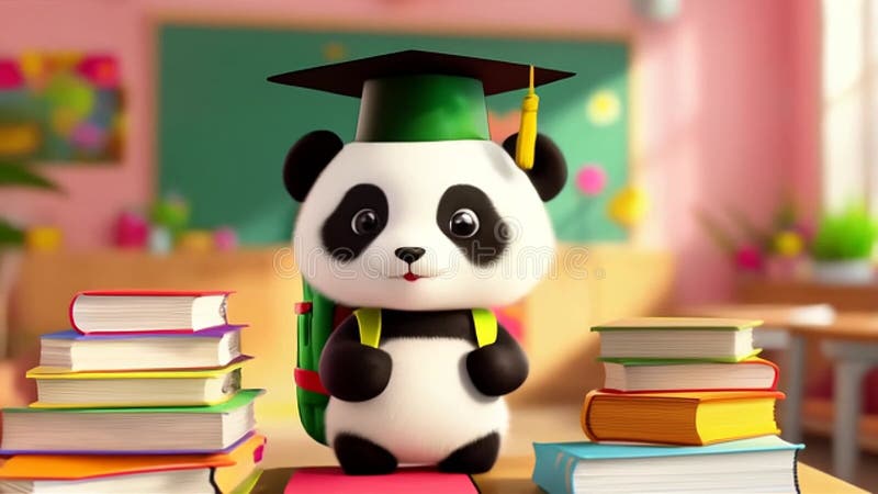 Caractère Panda dans la casquette de graduation avec des livres sur le bureau de l'étudiant en salle de classe rose avec thème ani illustration de vecteur