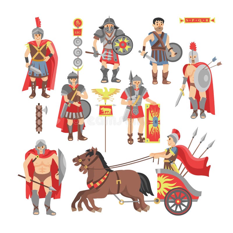 Caractère romain d'homme de guerrier de vecteur de gladiateur dans l'armure avec l'épée ou l'arme et le bouclier dans l'illustrat