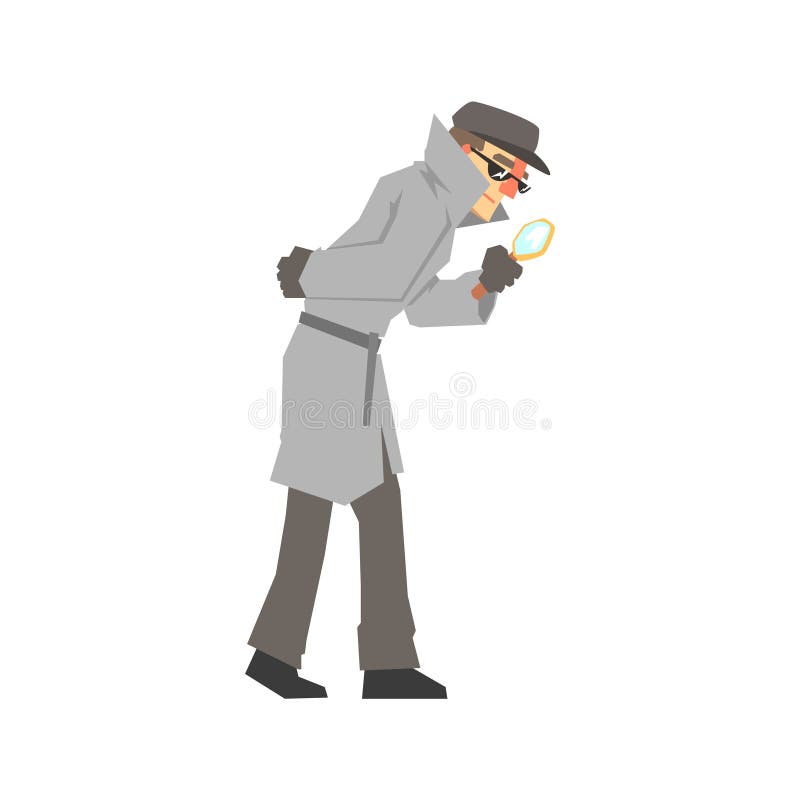Caractère révélateur regardant par la loupe, détective sûr dans le manteau gris recherchant l'illustration de vecteur illustration de vecteur Caractère révélateur regardant par la loupe, détective sûr dans le manteau gris recherchant l'illustration de vecteur illustration de vecteur