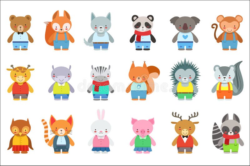 Toy Kids Animals In Clothes Characters Set. Cute Cartoon Childish Style Illustrations Isolated On White Background. Toy Kids Animals In Clothes Characters Set. Cute Cartoon Childish Style Illustrations Isolated On White Background.