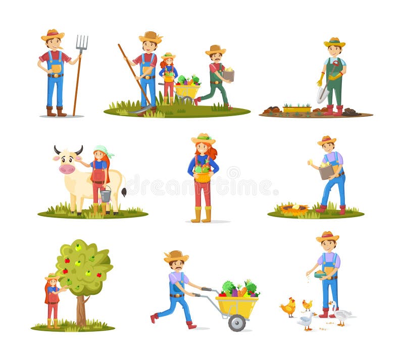 Farmers, agricultural work characters. Agriculture, livestock, poultry farming, organic farm. Farmers working on rural farmland, carrying fruits, milking cow, collecting apples. Vector illustration. Farmers, agricultural work characters. Agriculture, livestock, poultry farming, organic farm. Farmers working on rural farmland, carrying fruits, milking cow, collecting apples. Vector illustration.