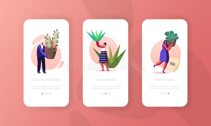 Caractères minuscules planter la page mobile décorative d'appli plantes et fleurs à bord du modèle d'écran. Les gens s'inquiètent illustration stock