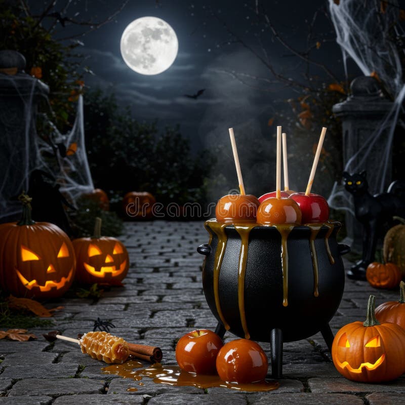 Caramel Apples och Jackolanternor på Halloween Natt stock illustrationer