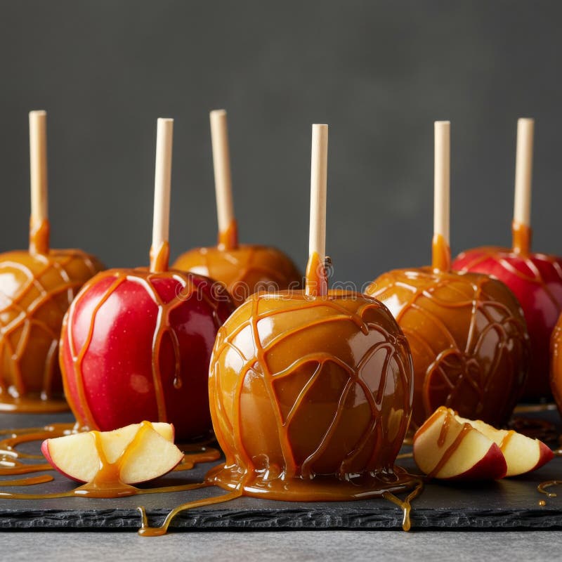 Caramel Apples på mörk bakgrund royaltyfri illustrationer