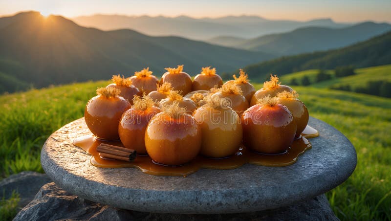 Caramel Apples vid Sunset : Utsökt höstfördrag på Mountaintop stock illustrationer