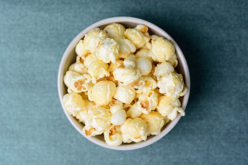 Caramel popcorn in a bowl, top view stock photos Caramel popcorn in a bowl, top view stock photos