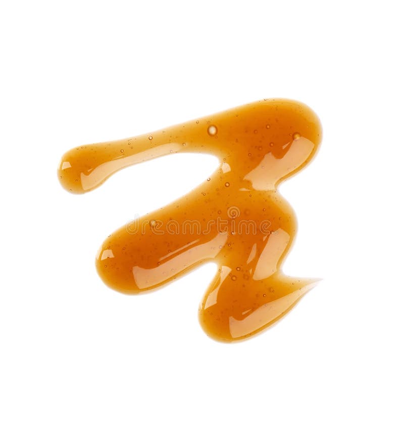 Caramel Syrup Drizzle Isolated on White Background. Splashes of Sweet Caramel Sauce. Top View