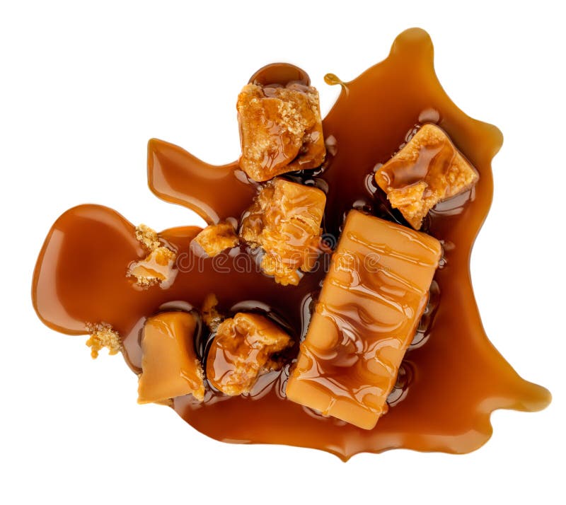 Toffee Candies with Caramel Sauce and Sea Salt Isolated on White