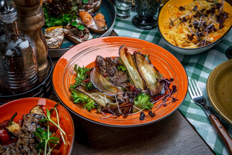 Caramelized Chicken Liver with Eggplant Chips Stock Photo Image of