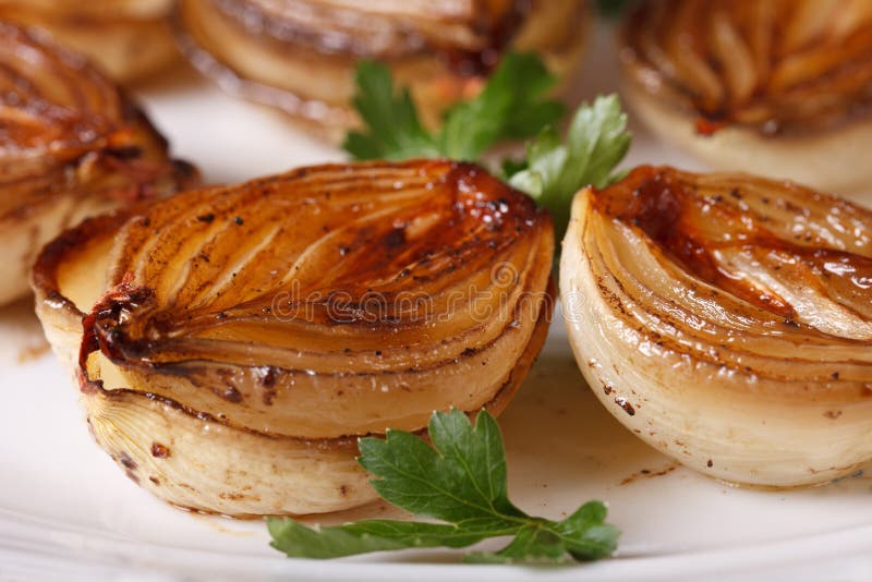 Caramelized onions in balsamic vinegar on plate macro. stock photo Caramelized onions in balsamic vinegar on plate macro. stock photo