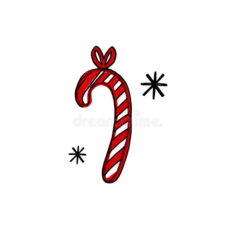 Caramella disegnata a mano di Natale del nuovo anno barrata e fiocchi di neve su fondo bianco royalty illustrazione gratis Caramella disegnata a mano di Natale del nuovo anno barrata e fiocchi di neve su fondo bianco royalty illustrazione gratis