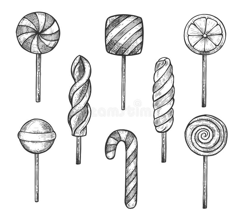 Vector illustration of sweet treats set. Round, squarish, fruit and striped caramel candies and lollipops on sticks, candy cane, marshmallow spiral. Vintage hand drawn style. Vector illustration of sweet treats set. Round, squarish, fruit and striped caramel candies and lollipops on sticks, candy cane, marshmallow spiral. Vintage hand drawn style