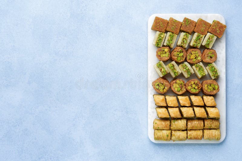 Traditional turkish, arabic sweets baklava assortment . Top view, copy space. Traditional turkish, arabic sweets baklava assortment . Top view, copy space