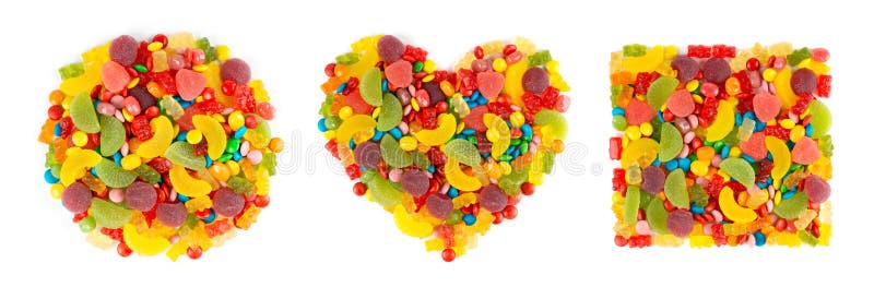 Caramelle variopinte Mixed Raccolta di cuore, del cerchio e del quadrato dei dolci di colore su bianco fotografie stock libere da diritti Caramelle variopinte Mixed Raccolta di cuore, del cerchio e del quadrato dei dolci di colore su bianco fotografie stock libere da diritti