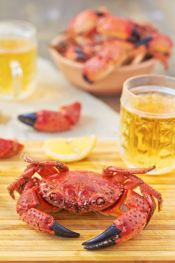 Boiled crabs and beer on the table. Boiled crabs and beer on the table