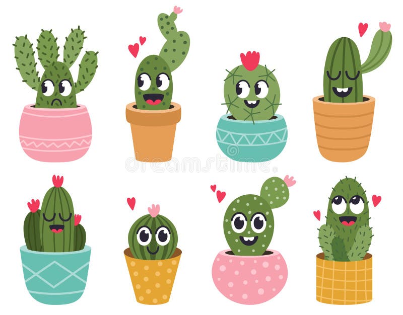 Grupo Bonito Do Kawaii Dos Desenhos Animados De Planta, De Plantas Carnudas  Do Cacto E De Flores Com Projeto Liso Das Caras Engra Ilustração Stock -  Ilustração de cactos, jogo: 102184516