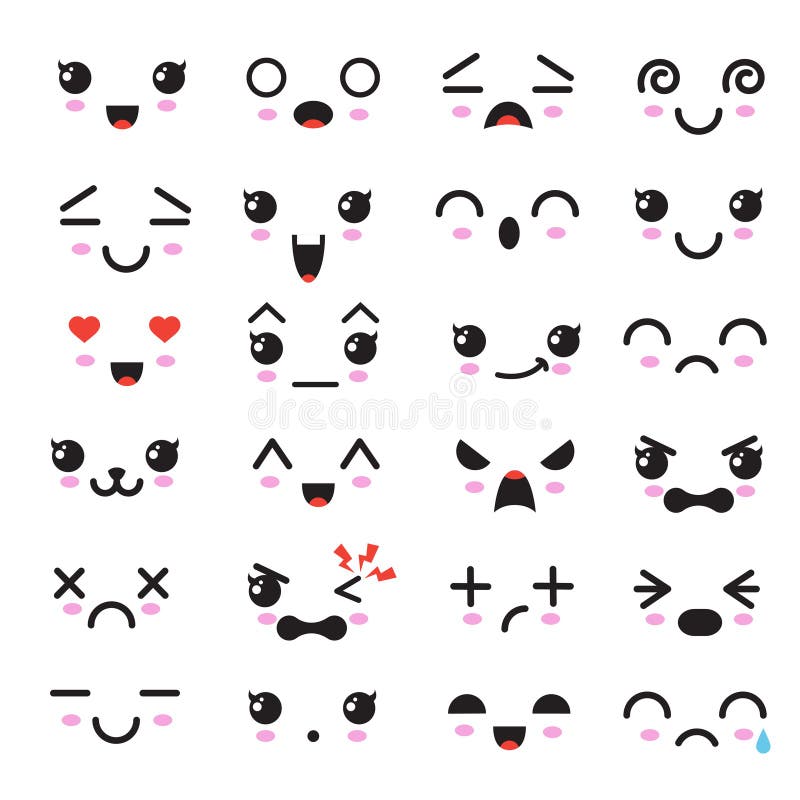 Coleção de esboços de olhos com diferentes emoções no estilo japonês.