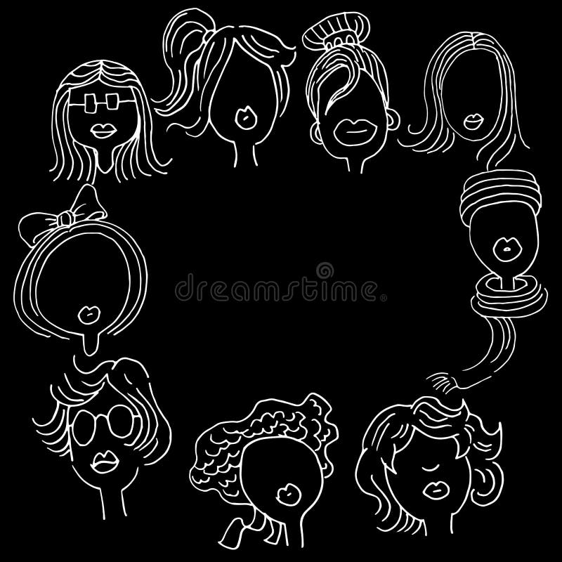 Caras de los garabatos de la pizarra de las mujeres de la moda de los jóvenes de Sylish ilustración del vector Caras de los garabatos de la pizarra de las mujeres de la moda de los jóvenes de Sylish ilustración del vector