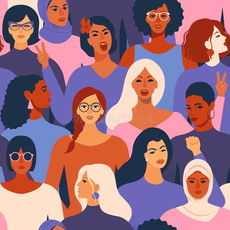 Caras diversas fêmeas do teste padrão sem emenda da afiliação étnica diferente Teste padrão do movimento da concessão das mulhere Caras diversas fêmeas do teste padrão sem emenda da afiliação étnica diferente Teste padrão do movimento da concessão das mulhere
